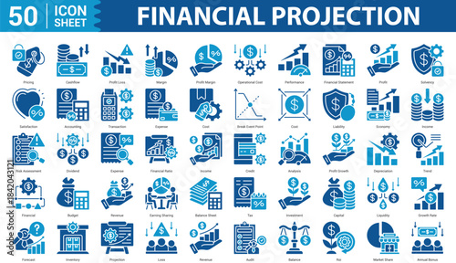 Financial Projection two color glyph Icon Set Collection Concept With Icon Of pricing, cashflow, profit loss, margin, profit margin, and more. Eps 10