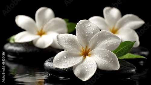 Three white tropical blossoms rest upon dark wet stones against a black background