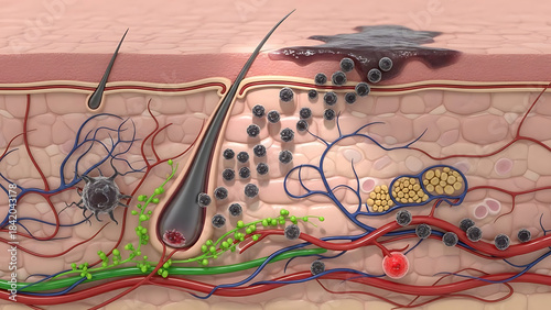 Skin cancer medical diagram Spreading of Cancer Cell in Human Skin layer 3d illustration