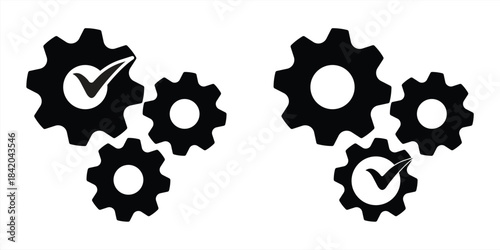 Gear icon set, gear with check mark. Collection of black gear icons. Vector illustration.