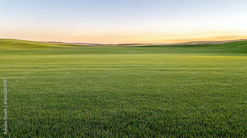Naklejka premium Green field horizon dawn soft light rolling plain peaceful sunrise scene