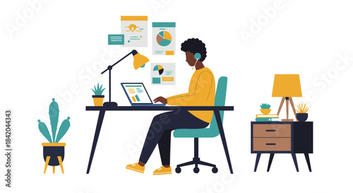 Person Working Remotely with Laptop at Home Office Desk with Plants