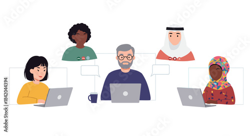 Diverse Global Team Collaborates Remotely in a Virtual Online Meeting