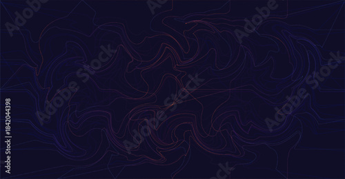 A dark abstract background featuring subtle, swirling lines and organic patterns in deep purple and blue hues.