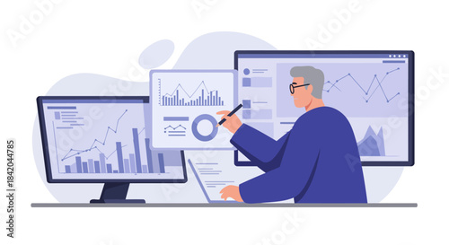 Businessman Analyzing Financial Data on Multiple Screens at an Office Desk