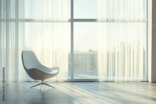 Modern Minimalist Chair by Large Window with Sheer Curtains and Natural Sunlight