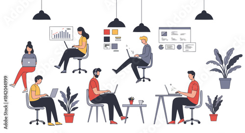 People Working on Laptops with Charts and Plants Illustration