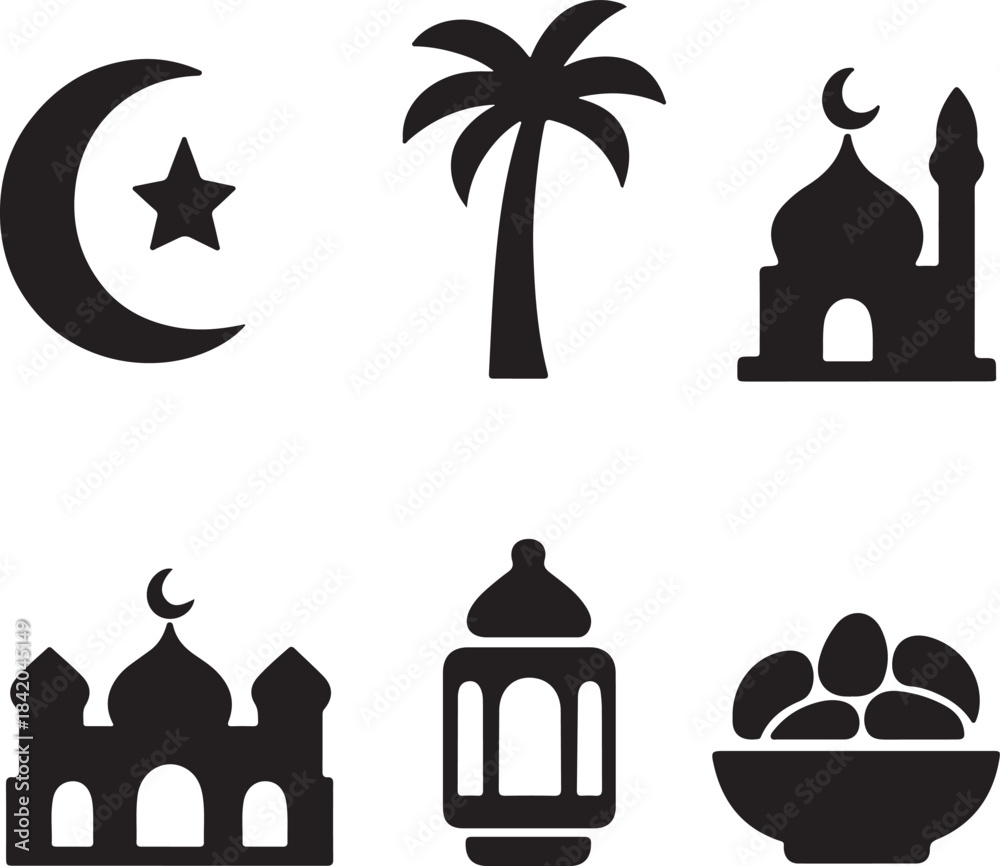 Obraz premium Islamic culture and ramadan taditions icon set crescent moon, mosque, lantern palm tree, dates, vector illustration