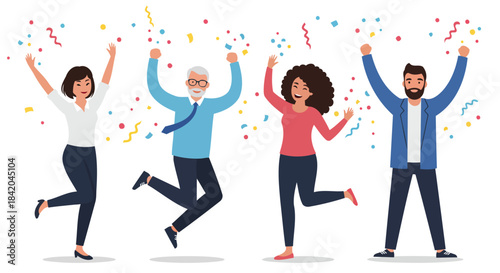 Diverse Group of Joyful People Celebrating Success with Confetti