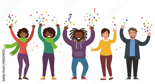 Diverse Group Celebrating Success with Confetti Falling