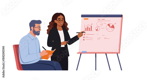 Businesswoman Presenting Data on Whiteboard to Colleagues in Office