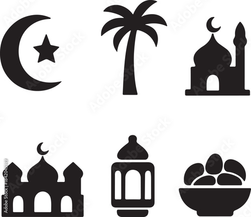 Islamic culture and ramadan taditions icon set crescent moon, mosque, lantern palm tree, dates, vector illustration