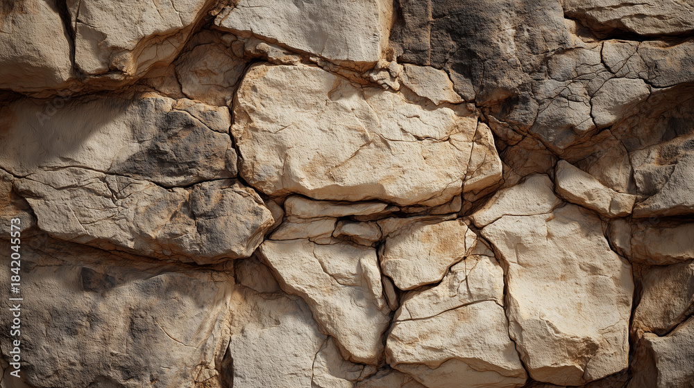 Fototapeta premium Rough stone wall close up featuring natural cracks uneven surfaces and organic patterns in realistic outdoor clarity