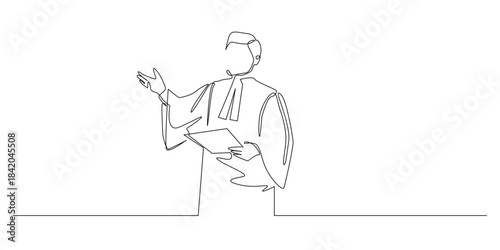 Continuous line drawing of a prosecutor standing with a hand gesture while holding a document, symbolizing justice, authority, and legal decision. Single line art for law themes.