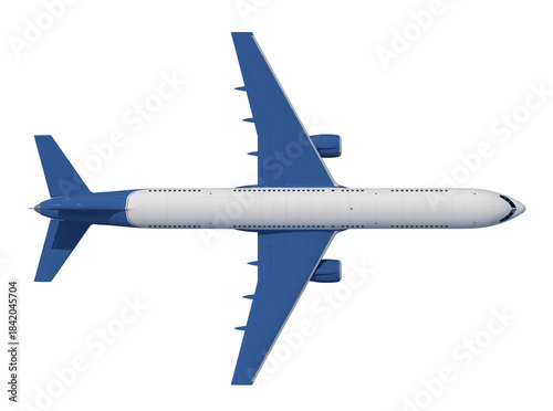 Top-down view of an airplane in flight, showcasing its wings, fuselage, and tail, 3d render.