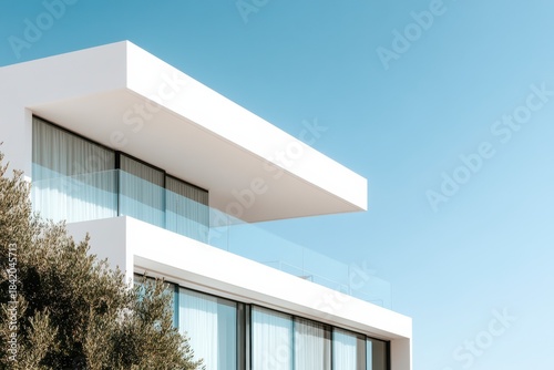 Modern Minimalist White Building Under Clear Blue Sky with Green Tree in Foreground