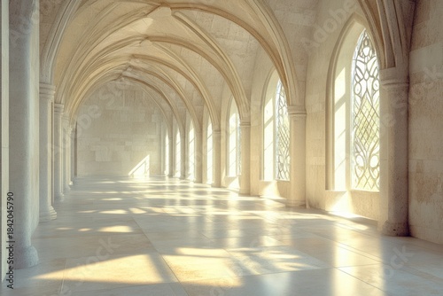 Serene Sunlit Hallway with Arched Windows and Soft Light in an Elegant Architectural Space