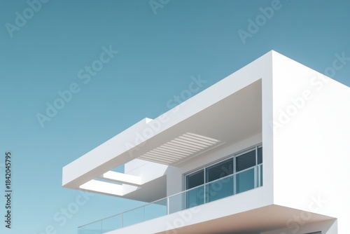 Modern White Minimalist House With Large Windows Under Clear Blue Sky