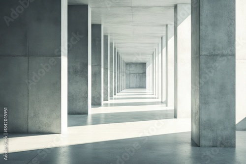Spacious Concrete Hallway With Tall Pillars and Soft Natural Light Streaming Through