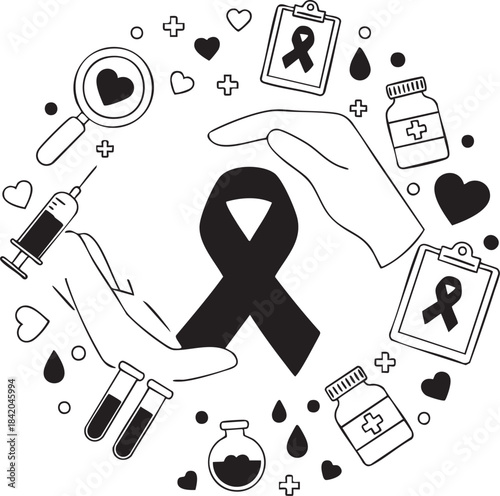 Medical Awareness Ribbon Illustration with Healthcare Elements