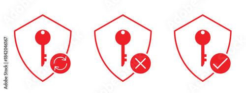 Flat red security icons with shield key refresh cross and checkmark symbols illustrating update failure and verified security icons