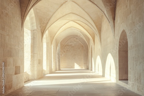 Sunlit Medieval Stone Arches in an Empty Hallway with Soft Shadows