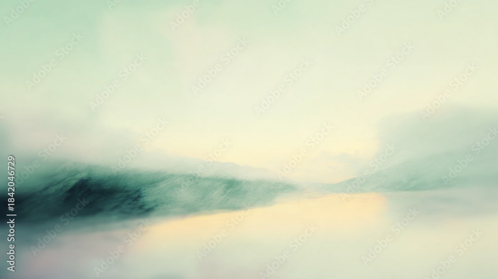 Fototapeta premium A serene landscape featuring soft colors and mist, creating a tranquil and dreamlike atmosphere over water and distant hills.