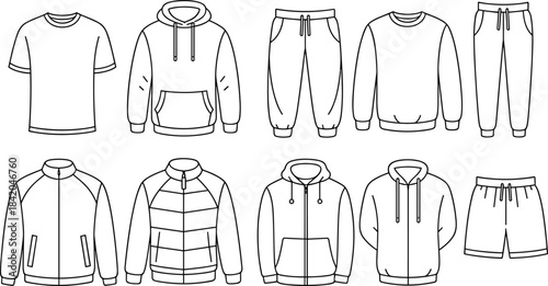 Apparel Technical Fashion Flat Sketch Collection, T-Shirt, Hoodie, Jacket, Sweatpants, and Shorts Garment Outline Templates Vector Set