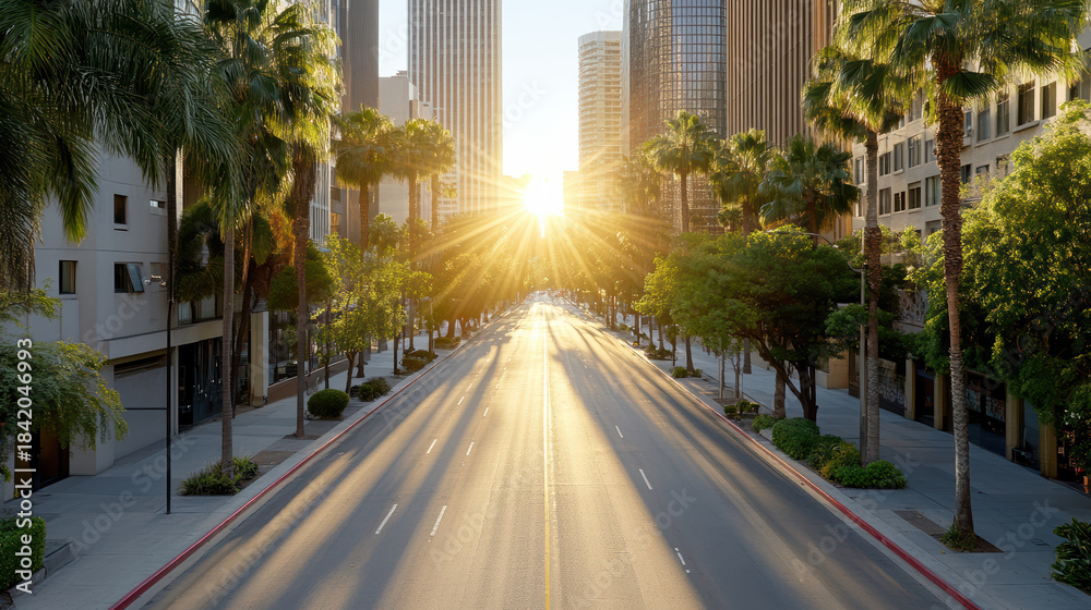 Obraz premium Sunlit empty city street lined with palm tree and modern skyscraper at sunrise
