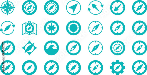 Vector compass icon grid featuring multiple compass rose designs, simple needle compasses, nautical map compasses, gear themed compasses, wave themed compasses, circular icons, square icons, diamond 