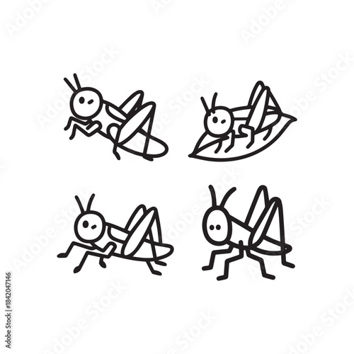 Grasshopper and Leaf Icons Insect, Nature, Pest, and Cartoon Drawing Set.