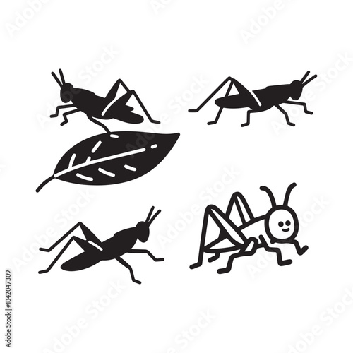 Grasshopper and Leaf Icons Insect, Nature, Pest, and Cartoon Drawing Set.