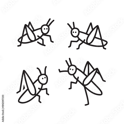 Grasshopper and Leaf Icons Insect, Nature, Pest, and Cartoon Drawing Set.