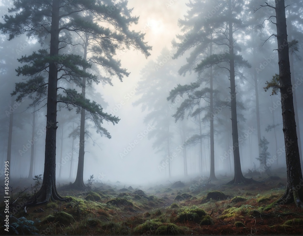 Obraz premium Atmospheric view of a misty forest with tall, slender evergreen trees