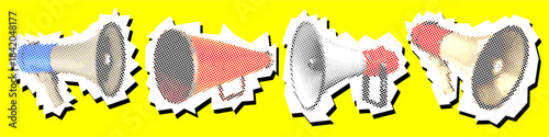 Set megaphone Halftone Dotted Collage Element Pointillize in Paper Torn vector for loud announcements. Symbolizes broadcast, protest, and abstract audio art.