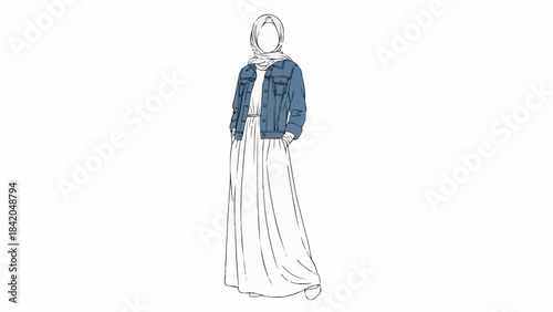 Fashion illustration of a woman in a long dress and denim jacket.