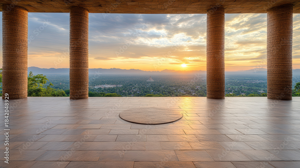 Naklejka premium Sunset temple horizon sunrise terrace mountain valley tiled floor columned pavilion circular