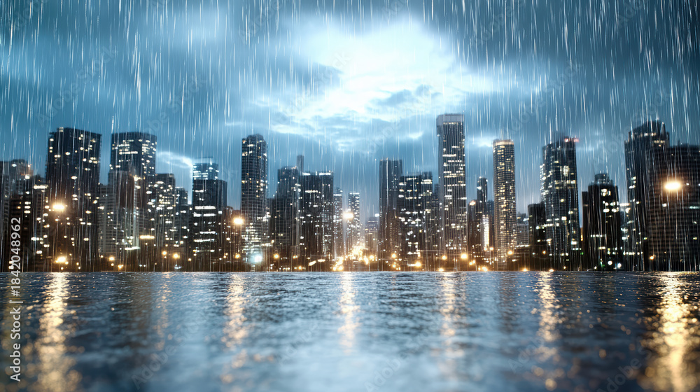 Fototapeta premium Rainy city skyline night reflection dramatic lighting
