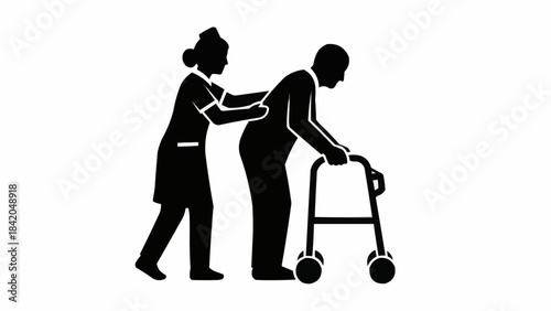 Caregiver assisting elderly man with walker, providing support and mobility aid.