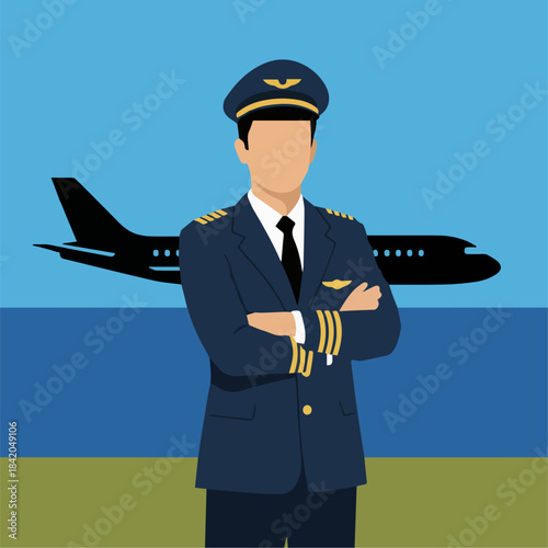 “Pilot Standing Beside Airplane”
Flat vector airline pilot standing proudly next to a simple airplane silhouette, bold solid colours, minimal background.