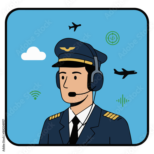 “Pilot Talking Over Radio Headset”
Flat vector pilot wearing headset, geometric microphone shapes, solid colour palette, simple aviation icons floating around.
