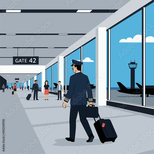 “Pilot Walking Through Airport Terminal”
Flat vector pilot pulling luggage, large windows with plane shapes outside, solid-colour blocks, minimal detail.