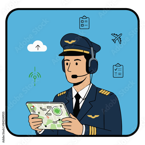 “Pilot Reviewing Flight Plan”
Flat vector pilot holding clipboard or tablet, simple map lines, bold minimal shapes, clean professional style.