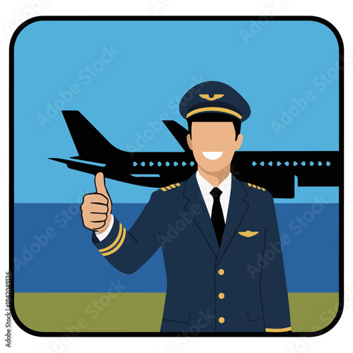 “Pilot Giving Thumbs Up Before Takeoff”
Flat vector pilot giving cheerful thumbs up, airplane tail in background, strong solid colours, no shading.