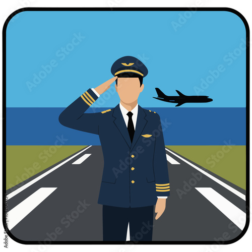 “Pilot Saluting at Runway”
Flat vector pilot saluting with airplane runway behind represented by simple geometric lines, flat solid colours.e