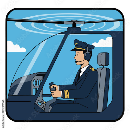 “Helicopter Pilot in Action”
Flat vector helicopter pilot inside cockpit, rotors shown as simple circular shapes, strong solid tones.