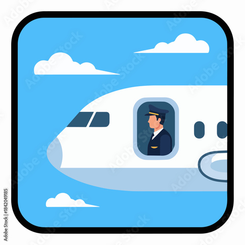 “Pilot Flying Airplane – Side View”
Flat vector side profile of pilot in cockpit window, airplane body made from solid geometric shapes, clean modern style.