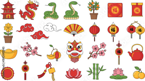 Chinese New Year clipart bundle with lanterns, dragons, flowers, lucky symbols, and traditional decorations for crafts, invitations, and digital design projects