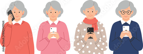 Senior woman smartphone user illustrations showing communication, texting, and technology use, perfect for apps, tutorials, caregiving guides, and digital lifestyle projects