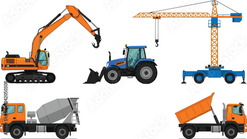 Construction vehicles vector set featuring excavator, tractor, tower crane, cement mixer truck, and dump truck for industrial designs, engineering graphics, and kids’ projects